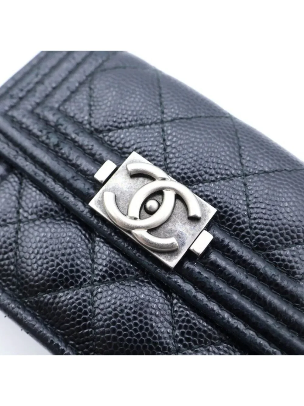 Chanel Boy Trifold Wallet Compact Coin Purse Black Caviar Leather Silver